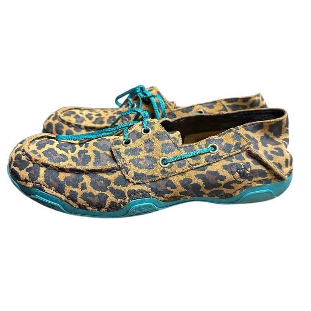 Ariat Caldwell Turquoise Brown Leopard Print Leather Casual Boat Shoes Size 6.5B